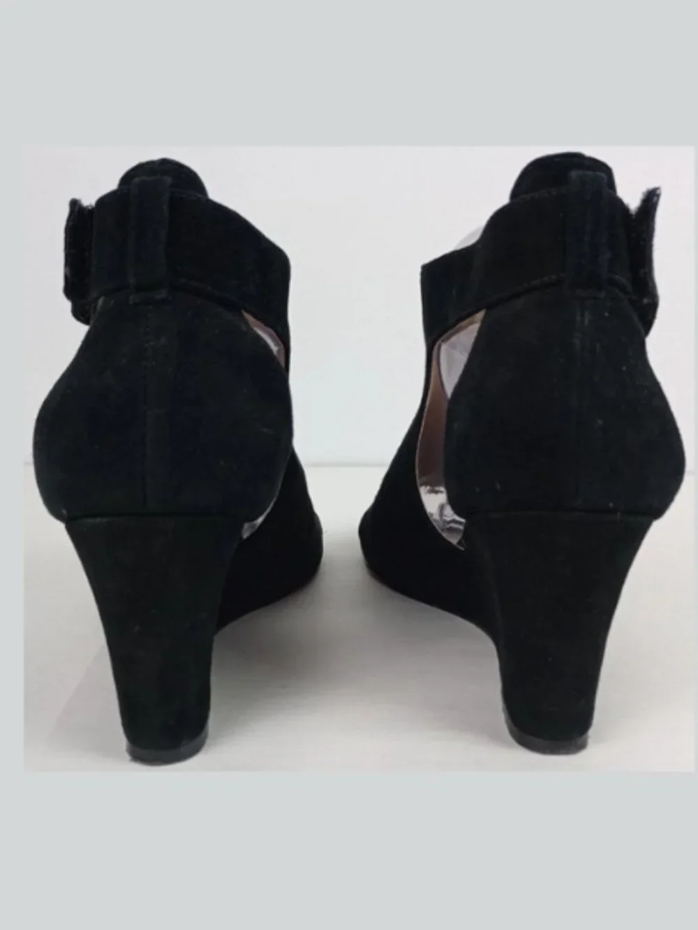 Adrienne Vittadini Women 8.5M Black Fine Leather‎ Suede Ankle Wedge Heel Sandals